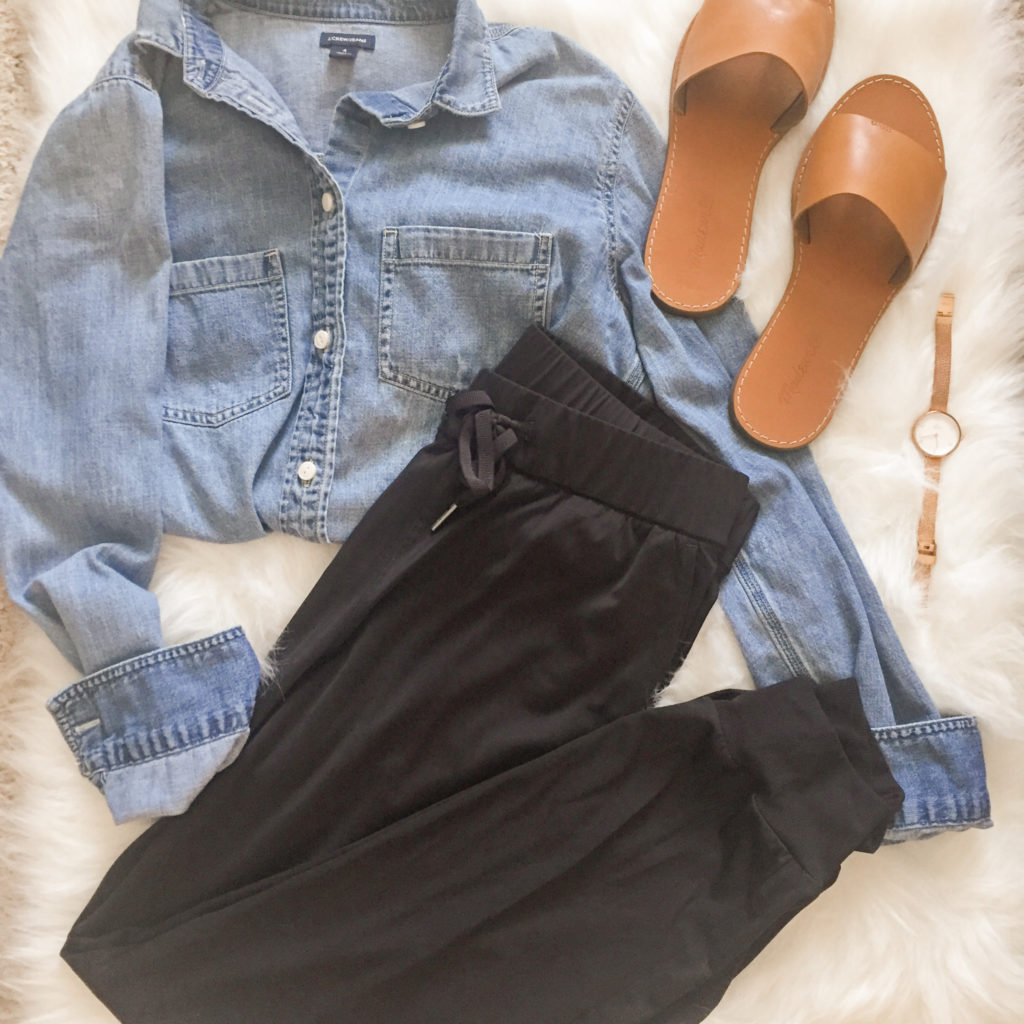 Work from home outfit chambray top and black joggers